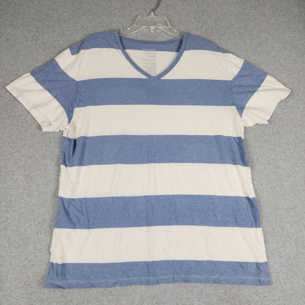 Old Navy T-Shirt Mens XL Blue White Striped Cotton Short Sleeve Classic V-Neck
